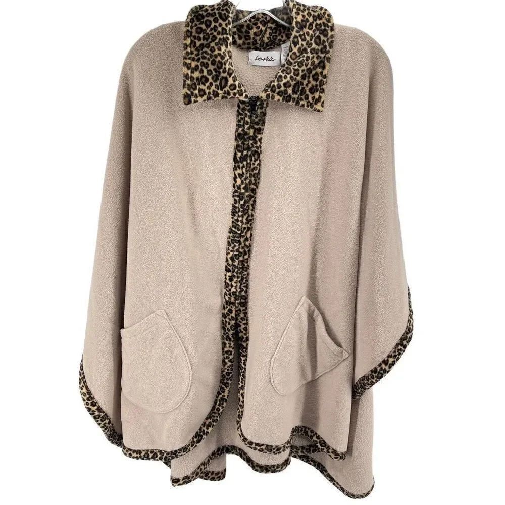Le Moda Womens Wrap blanket Sweater Leopard Trim Full Zip Pocket Beige Tan One S